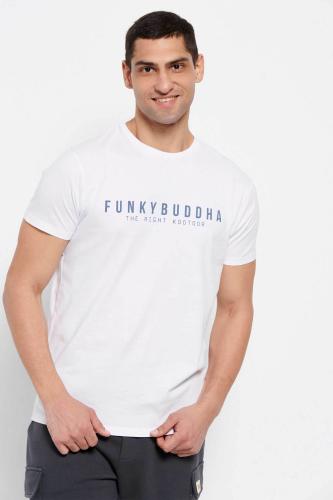 Funky Buddha ανδρικό βαμβακερό T-shirt μονόχρωμο με logo print και patch μπροστά - FBM007-329-04 Λευκό